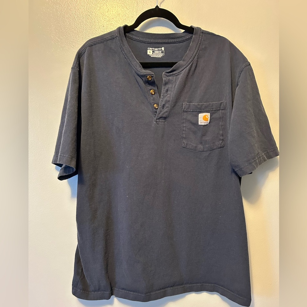 Carhartt Loose Fit Henley Shirt XL Navy Blue Pocket Workwear Tee